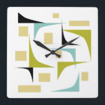Retro Atomic Age Geometric Corners Mid Century Square Wall Clock<br><div class="desc">Add a pop of colour to your wall with this funky mid century modern clock! It features the fun colours of aqua blue,  avocado green,  yellow,  and black geometric shapes.</div>