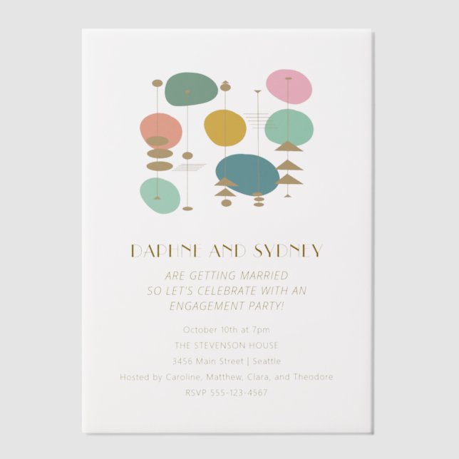Retro Atomic Age Mid Century Mod Engagement Party Vellum Invitations (Front)
