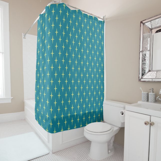 Retro Atomic Age Star Pattern Shower Curtain (In Situ)