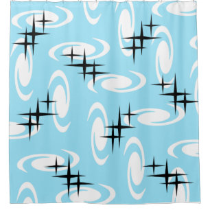 Retro Atomic Age Swirls Stars Pattern Baby Blue Shower Curtain
