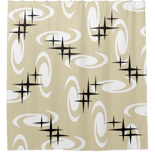 Retro Atomic Age Swirls Stars Pattern Beige Shower Curtain (Front)