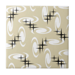 Retro Atomic Age Swirls Stars Pattern Beige Tile