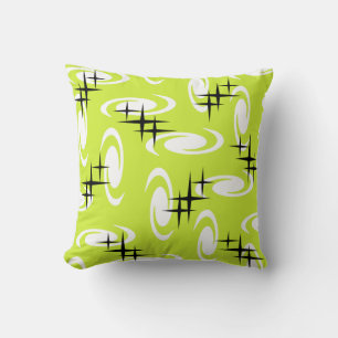 Retro Atomic Age Swirls Stars Pattern Chartreuse Cushion