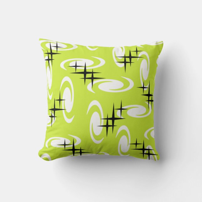 Retro Atomic Age Swirls Stars Pattern Chartreuse Cushion (Front)