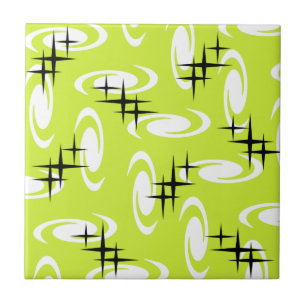 Retro Atomic Age Swirls Stars Pattern Chartreuse Tile