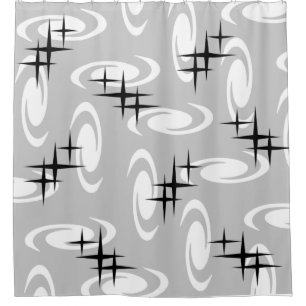 Retro Atomic Age Swirls Stars Pattern Light Grey Shower Curtain