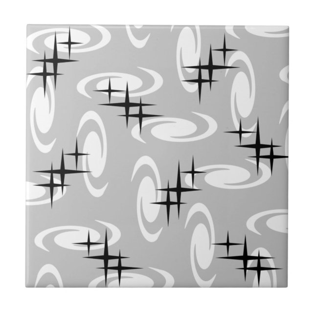 Retro Atomic Age Swirls Stars Pattern Light Grey Tile (Front)