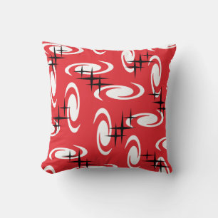 Retro Atomic Age Swirls Stars Pattern Red Cushion