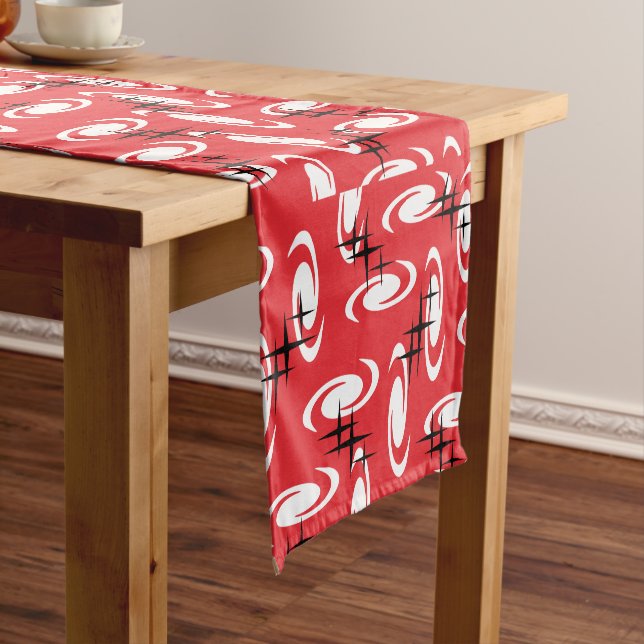 Retro Atomic Age Swirls Stars Pattern Red Short Table Runner (In Situ)