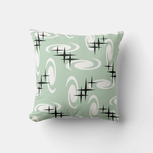 Retro Atomic Age Swirls Stars Pattern Sage Green Cushion (Front)