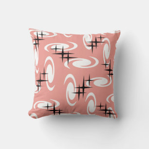 Retro Atomic Age Swirls Stars Pattern Salmon Pink Cushion