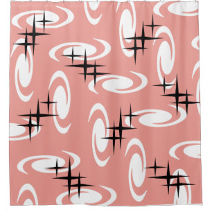 Retro Atomic Age Swirls Stars Pattern Salmon Pink Shower Curtain