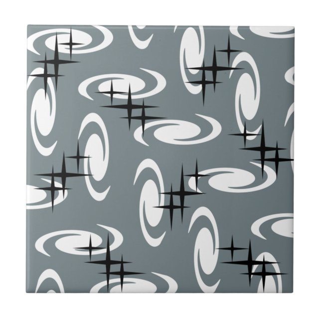 Retro Atomic Age Swirls Stars Pattern Slate Grey Tile (Front)