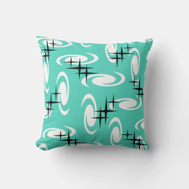 Retro Atomic Age Swirls Stars Pattern Turquoise Cushion (Front)