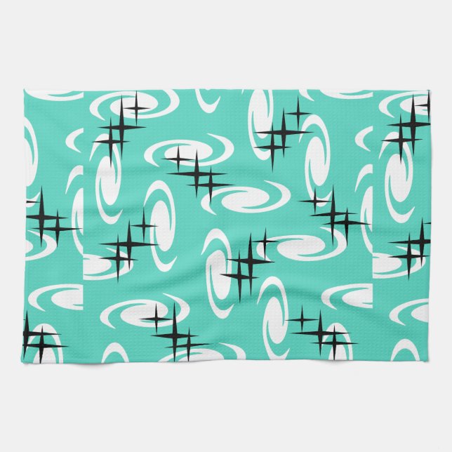 Retro Atomic Age Swirls Stars Pattern Turquoise Tea Towel (Horizontal)