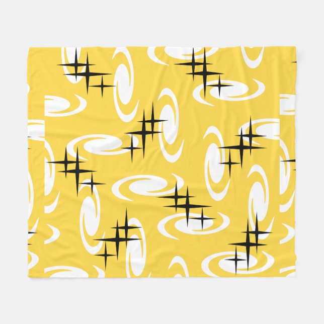 Retro Atomic Age Swirls Stars Pattern Yellow Fleece Blanket (Front (Horizontal))