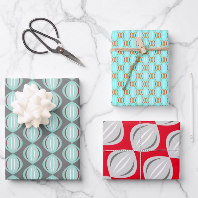 Retro Atomic Art Baubles Trio Wrapping Paper Sheet (Front)