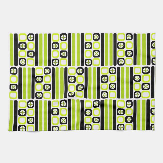 Retro Atomic Art Squares Lines Chartreuse Tea Towel (Horizontal)