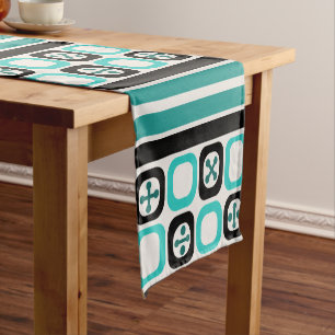 Retro Atomic Art Squares Lines Turquoise Short Table Runner