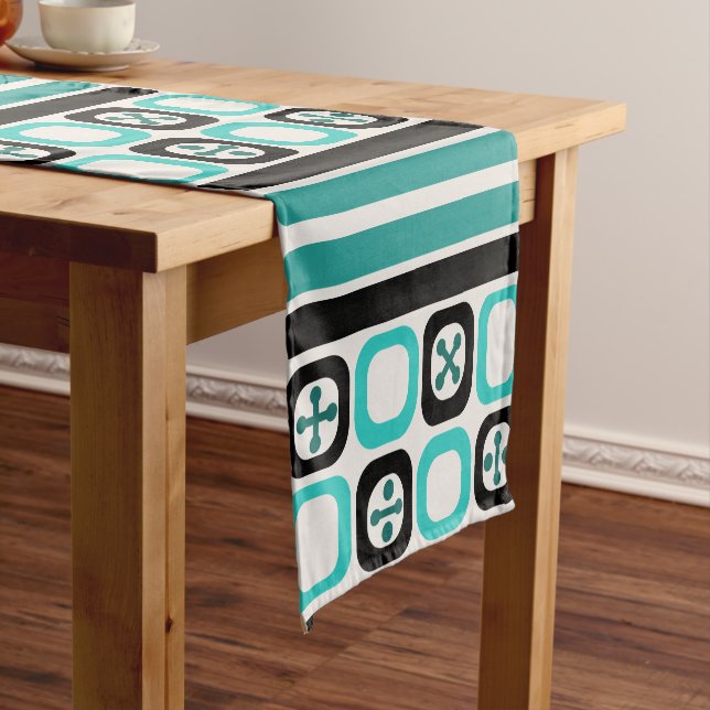 Retro Atomic Art Squares Lines Turquoise Short Table Runner (In Situ)