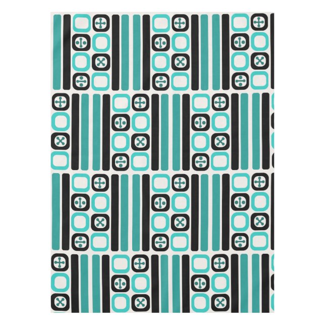 Retro Atomic Art Squares Lines Turquoise Tablecloth (Front)