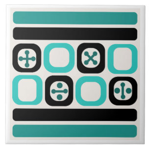 Retro Atomic Art Squares Lines Turquoise Tile