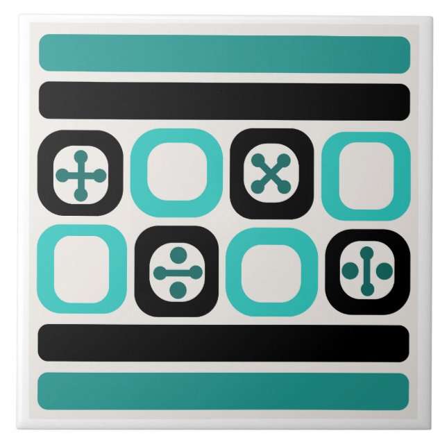 Retro Atomic Art Squares Lines Turquoise Tile (Front)