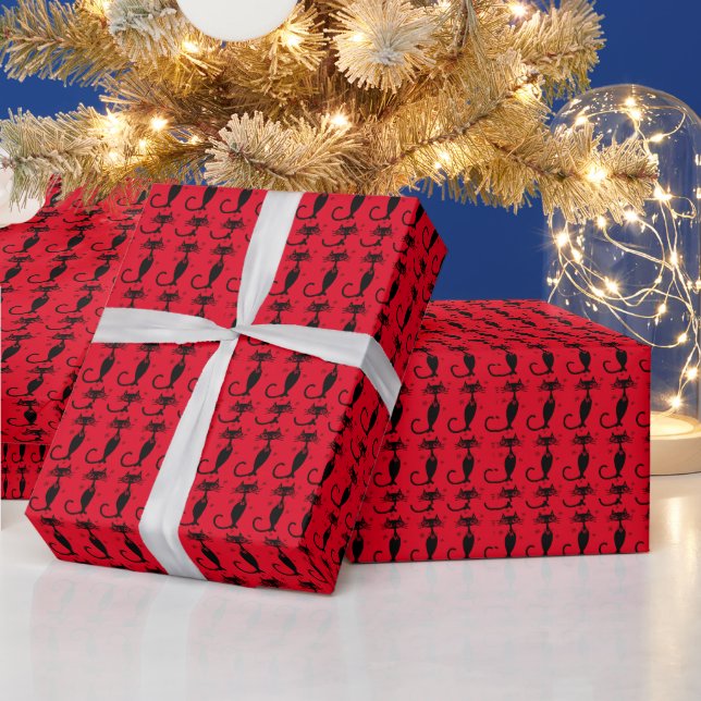 RETRO ATOMIC BLACK CAT CHRISTMAS WRAPPING PAPER (Holidays)