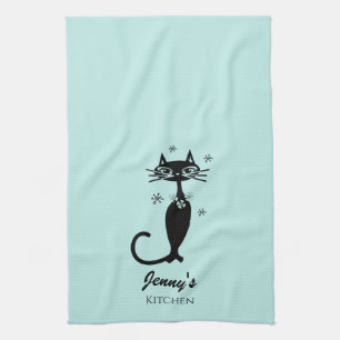 Retro Atomic Black Cat Personalised Kitchen Towel