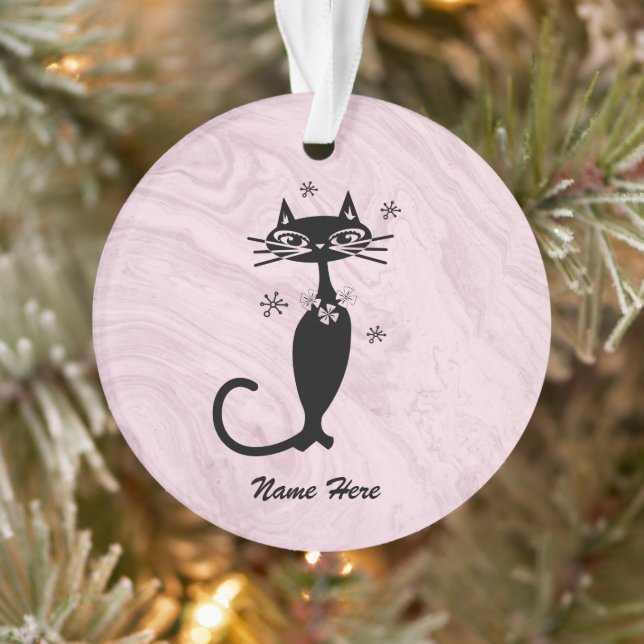 Retro Atomic Black Cat Personalised Ornament (Tree)