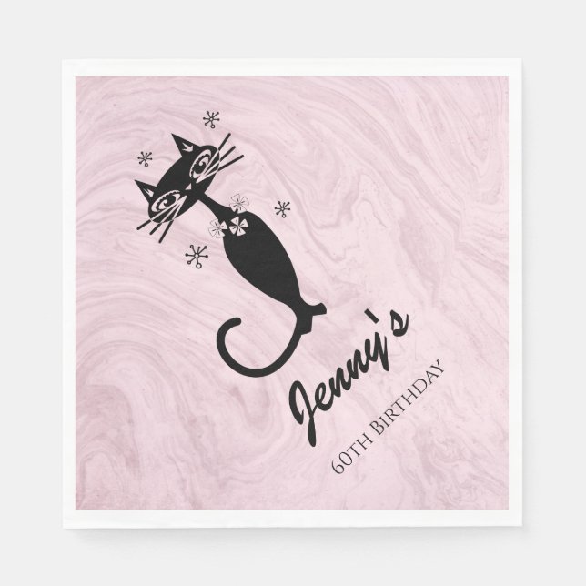 Retro Atomic Black Cat Personalised Paper Napkins (Front)