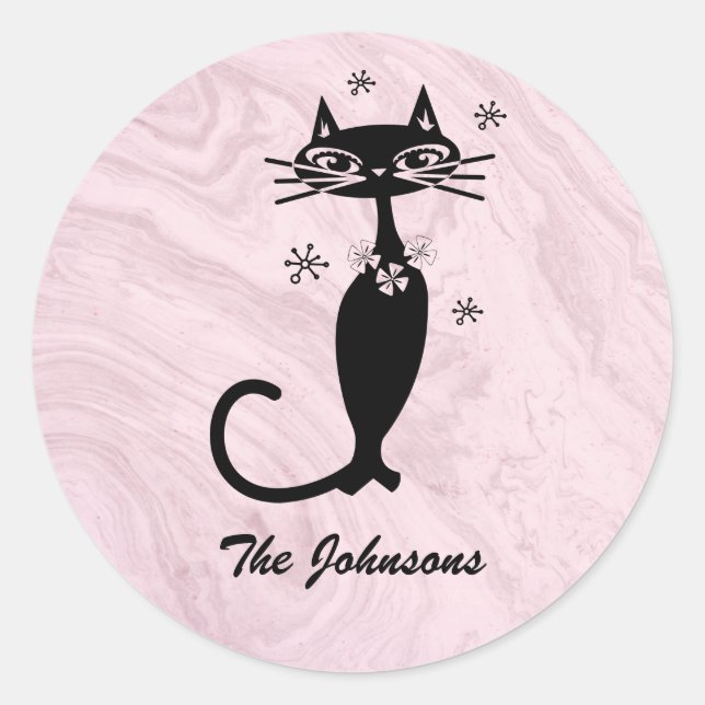 Retro Atomic Black Cat Personalised Sticker (Front)