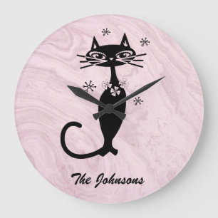 Retro Atomic Black Cat Personalized Kitchen Clock