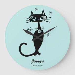 Retro Atomic Black Cat Personalized Kitchen Clock