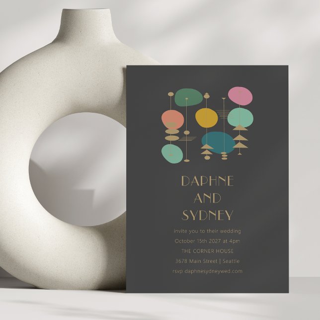 Retro Atomic Black Mid Century Modern Chic Wedding Invitation (Creator Uploaded)