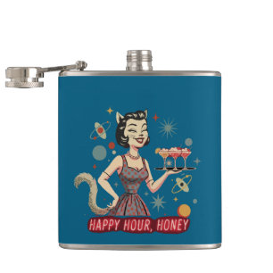 Retro Atomic Cat Pin-Up   "Happy Hour, Honey" Mid- Hip Flask