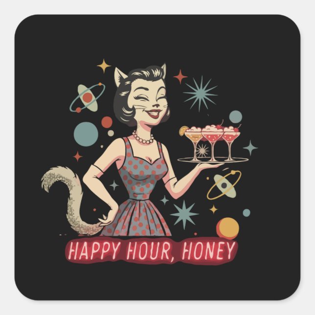 Retro Atomic Cat Pin-Up | "Happy Hour, Honey" Mid- Square Sticker (Front)