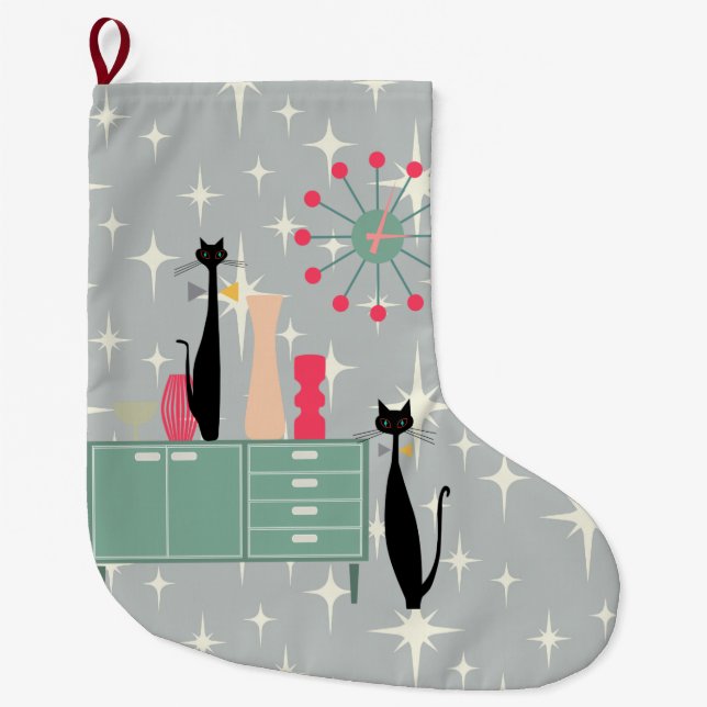 Retro Atomic Era Cats & Clock Christmas Stocking (Front)