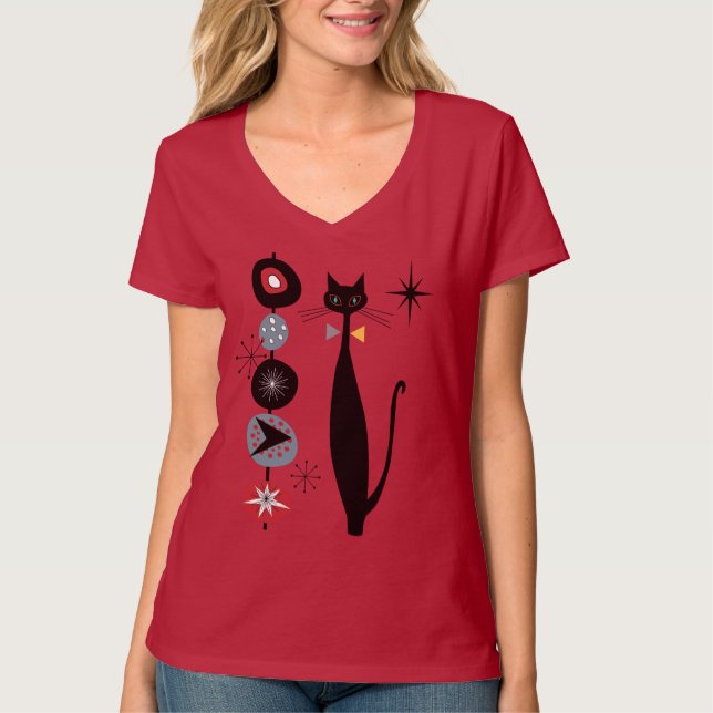 Retro Atomic Era Cool Cat Black Cat MCM T-Shirt (Front)