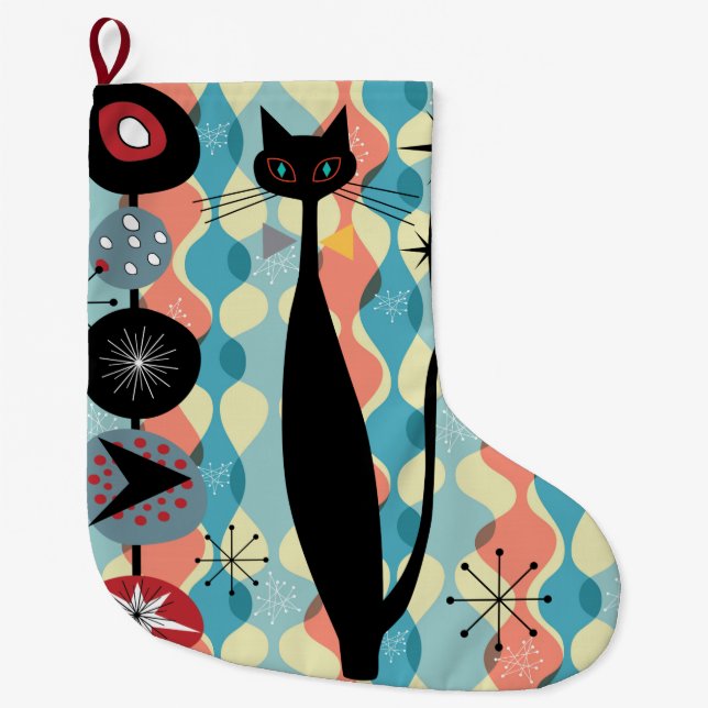 Retro Atomic Era Cool Cat Blue Christmas Stocking (Front)
