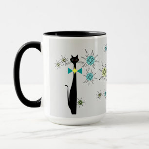 Retro Atomic Era Cool Cat & Stars Gray Mid Century Mug