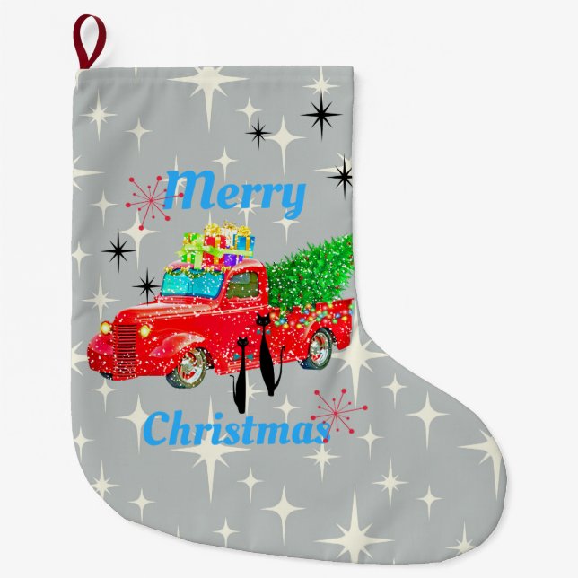 Retro Atomic Era Cool Cats & Red Pickup Truck Large Christmas Stocking (Front)