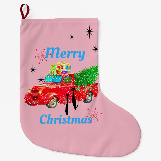 Retro Atomic Era Cool Cats & Red Pickup Truck Pink Large Christmas Stocking (Front)