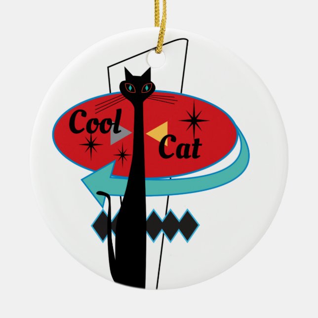 Retro Atomic Era Mid Century Modern Cool Cat Ceramic Tree Decoration (Front)