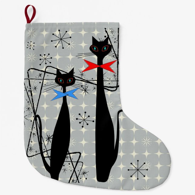 Retro Atomic Era Mid Century Modern Cool Cat Pair Large Christmas Stocking (Front)