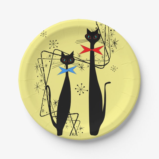Retro Atomic Era Mid Century Modern Cool Cat Pair Paper Plate (Front)