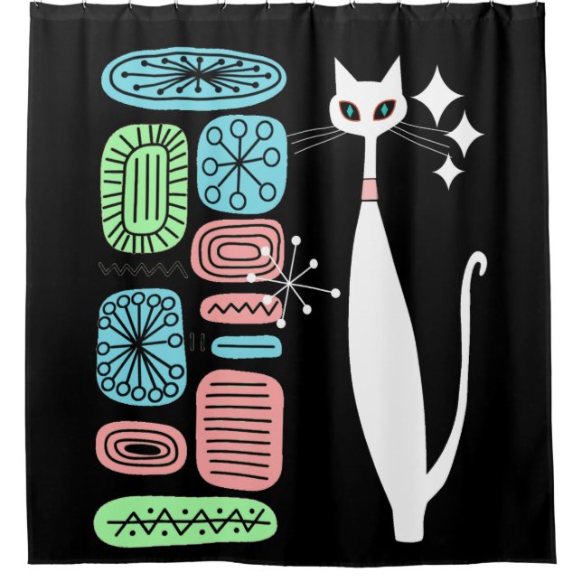 Retro Atomic Era Mid Century Modern Cool Cat Shower Curtain (Front)