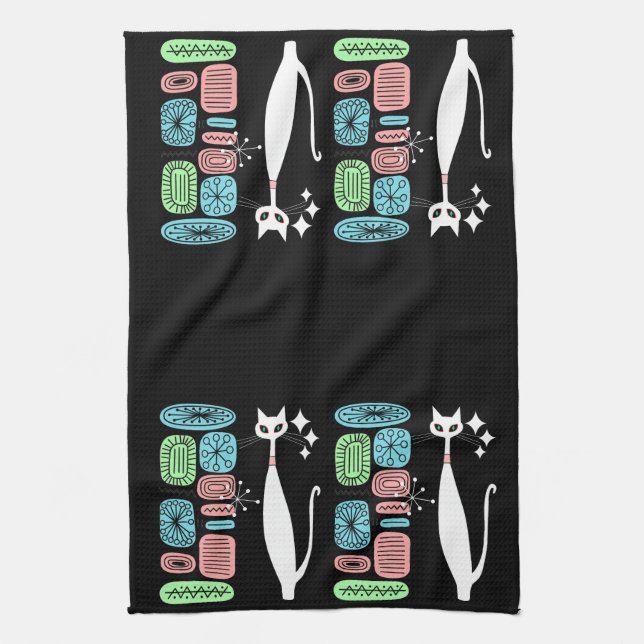 Retro Atomic Era Mid Century Modern Cool Cat Tea Towel (Vertical)