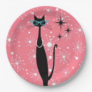 Retro Atomic Era Mid Century Modern MCM Black Cat Paper Plate
