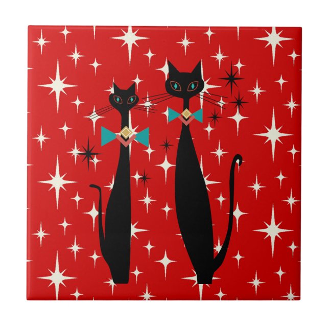 Retro Atomic Era Mid Century Modern MCM Black Cat  Tile (Front)